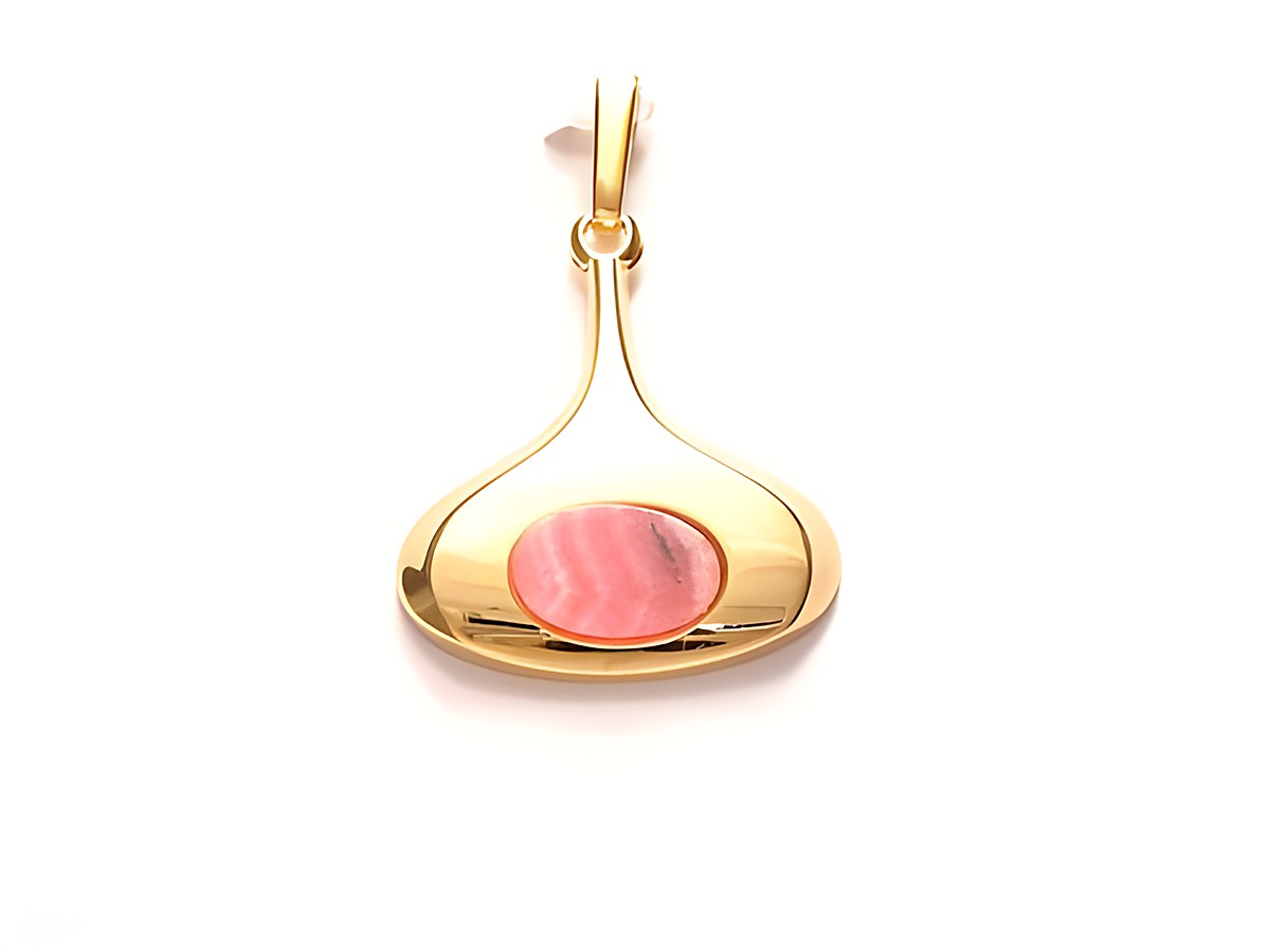 Designer Rhodochrosit Anhänger mit Goldauflage von Juwelier Harnisch, elegant geschwungene Form mit einem zentralen rhodochrositfarbigen Stein und glänzender Goldoberfläche.