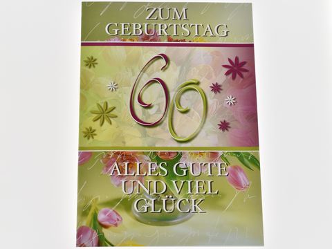 Geburtstagskarte mit dem Text Zum Geburtstag 60 und Alles Gute und viel Glück, umrahmt von bunten Blumenmotiven, von Juwelier Harnisch, ideal für Glückwünsche zum 60. Geburtstag.