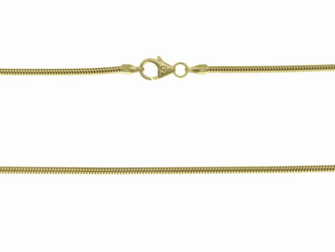 Schlangenkette 585 in Gelbgold mit einem Durchmesser von 1,6 x 1,6 mm und einer Länge von 40 cm, hergestellt von Juwelier Harnisch, schlichte und elegante Optik.