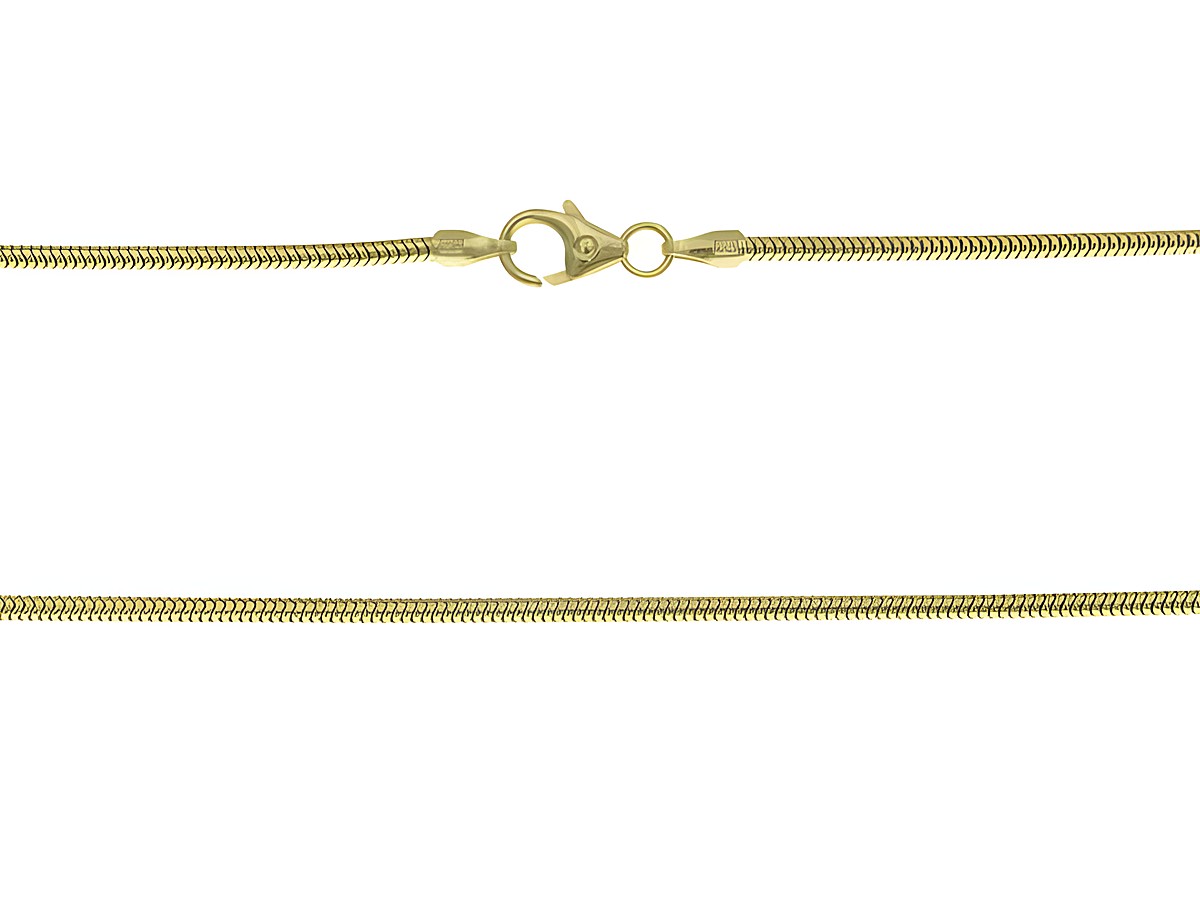 Schlangenkette 585 in Gelbgold mit einem Durchmesser von 1,6 x 1,6 mm und einer Länge von 40 cm, hergestellt von Juwelier Harnisch, schlichte und elegante Optik.