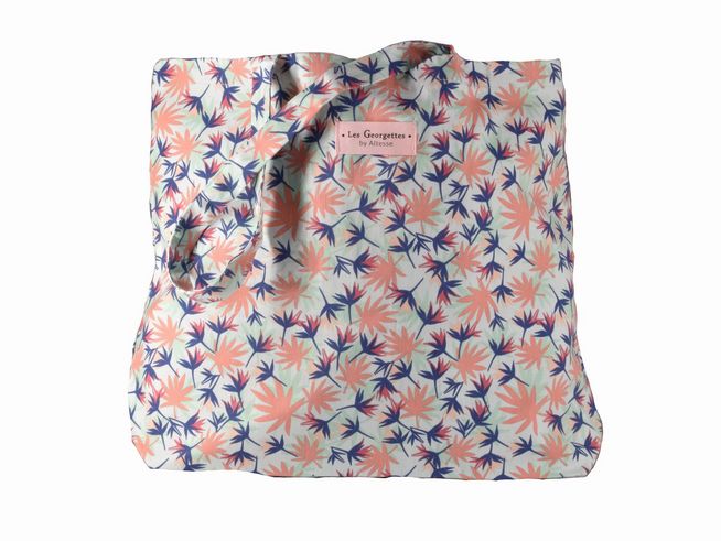 57350276-0 Einkaufsshopper von Les Georgettes mit buntem Pflanzenmotiv in Pastellfarben, Größe 44x34,5 cm, sorgt für stilvolles und umweltfreundliches Einkaufen.