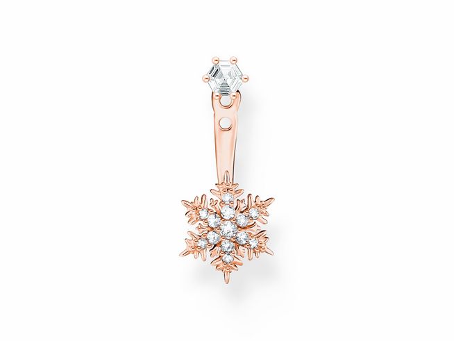 Ohrstecker in Form einer Schneeflocke, aus Sterling Silber, vergoldet mit Roségold, verziert mit Zirkonia-Steinen, Hersteller Thomas Sabo, Einzelstück, elegant und funkelnd.