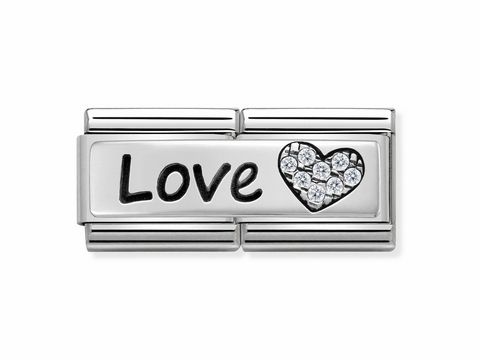 Silberne Armbandglieder mit der Gravur Love und einem Herz, verziert mit klaren Steinen, von Nomination, Modell DOUBLE Classic, ideal für Schmuckliebhaber.