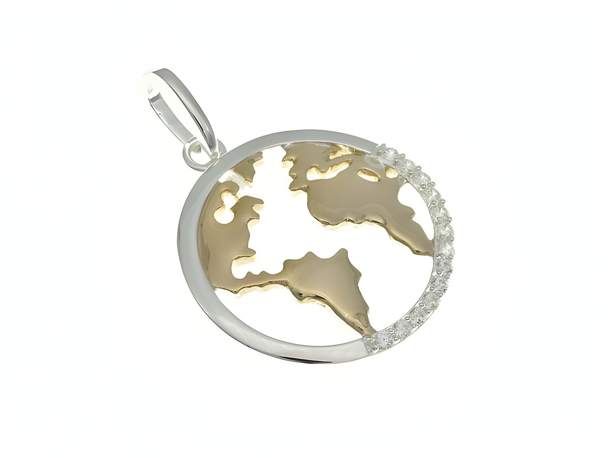 Runder Anhänger mit Weltkarte aus Sterling Silber und Roségold, verziert mit Zirkonia, Hersteller Juwelier Harnisch, elegantes Design für modebewusste Menschen.