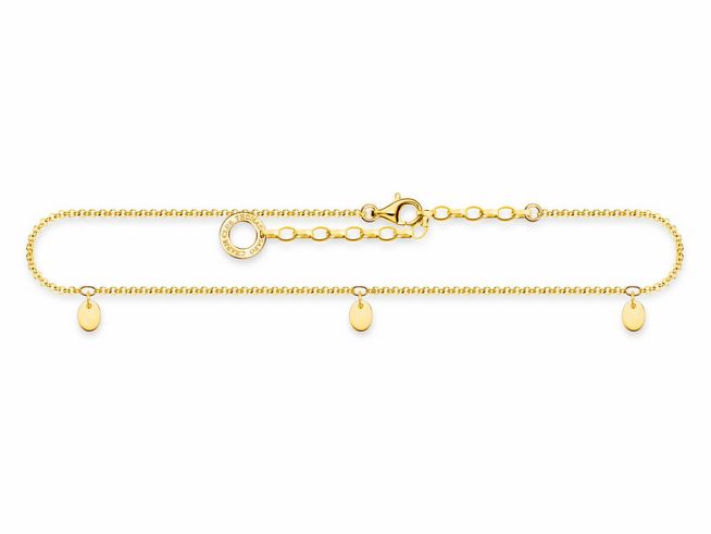 Thomas Sabo Fußkette aus vergoldetem Sterling Silber in Gelbgold mit drei hängenden Elementen, verstellbar von 22 bis 27 cm, eleganter Schmuck für das Handgelenk.