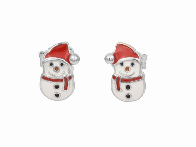 Ohrstecker in Schneemann-Design aus rhodiniertem poliertem Sterling Silber mit farbigem Lack in Weiß, Rot und Orange, ideal für Kinder, Hersteller Juwelier Harnisch.