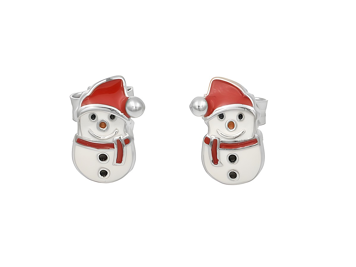 Ohrstecker in Schneemann-Design aus rhodiniertem poliertem Sterling Silber mit farbigem Lack in Weiß, Rot und Orange, ideal für Kinder, Hersteller Juwelier Harnisch.
