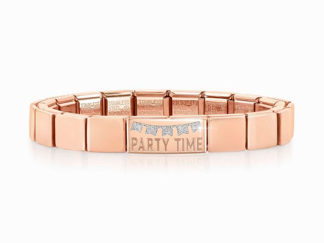 423910418-0 Edelstahl Armband in Roségold mit der Gravur Party Time und bunten Fahnenelementen, stilvoll und elegant, passend für jede Gelegenheit, Hersteller Nomination.