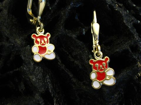 Teddy emaillierte Gold Ohrhaken für Kinder des Herstellers Juwelier Harnisch mit niedlichem Bärenmotiv in Rot und Weiß. Ideal als Schmuckstück für junge Mädchen.