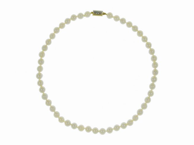 Perlenkette aus Süßwasser-Zuchtperlen mit einem Durchmesser von 8 bis 8,5 mm in Weiß, Länge 45 cm, Bicolor 585, Hersteller Juwelier Harnisch, klassisches Design.