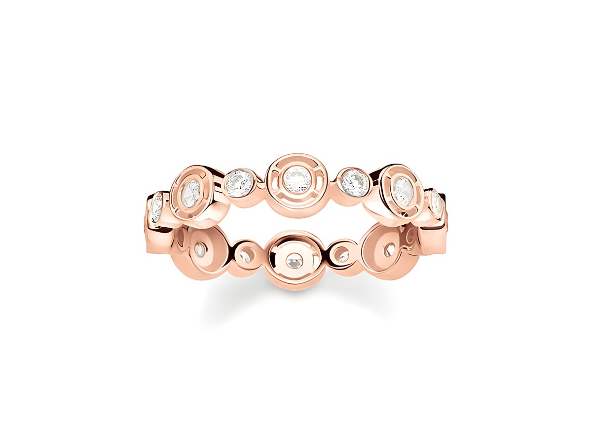 Silber vergoldeter Ring von Thomas Sabo in Roségold mit weißen Zirkonia, Größe 50, elegant und modern mit facettiertem Design und glatten Rundungen, ideal für besondere Anlässe.