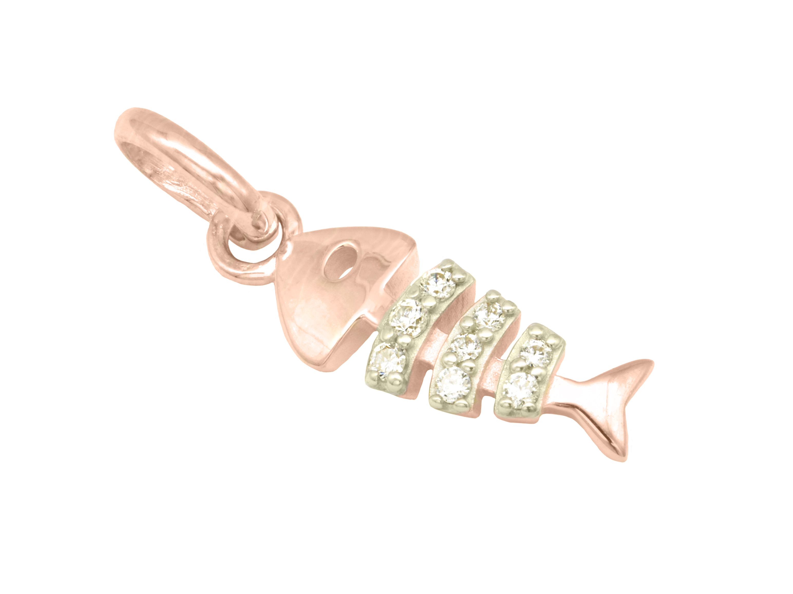 Silber Anhänger in Form einer Fischgräte, roségold vergoldet und poliert, verziert mit Zirkonia-Steinen, von Juwelier Harnisch, ideal für Tierliebhaber.