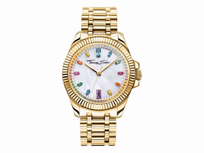 Damenuhr von Thomas Sabo WA0395-264-207-33 mit Edelstahlgehäuse, bunten Swarovski-Kristallen und luxuriösem Zifferblatt, elegantes Design, ideal für stilbewusste Frauen.