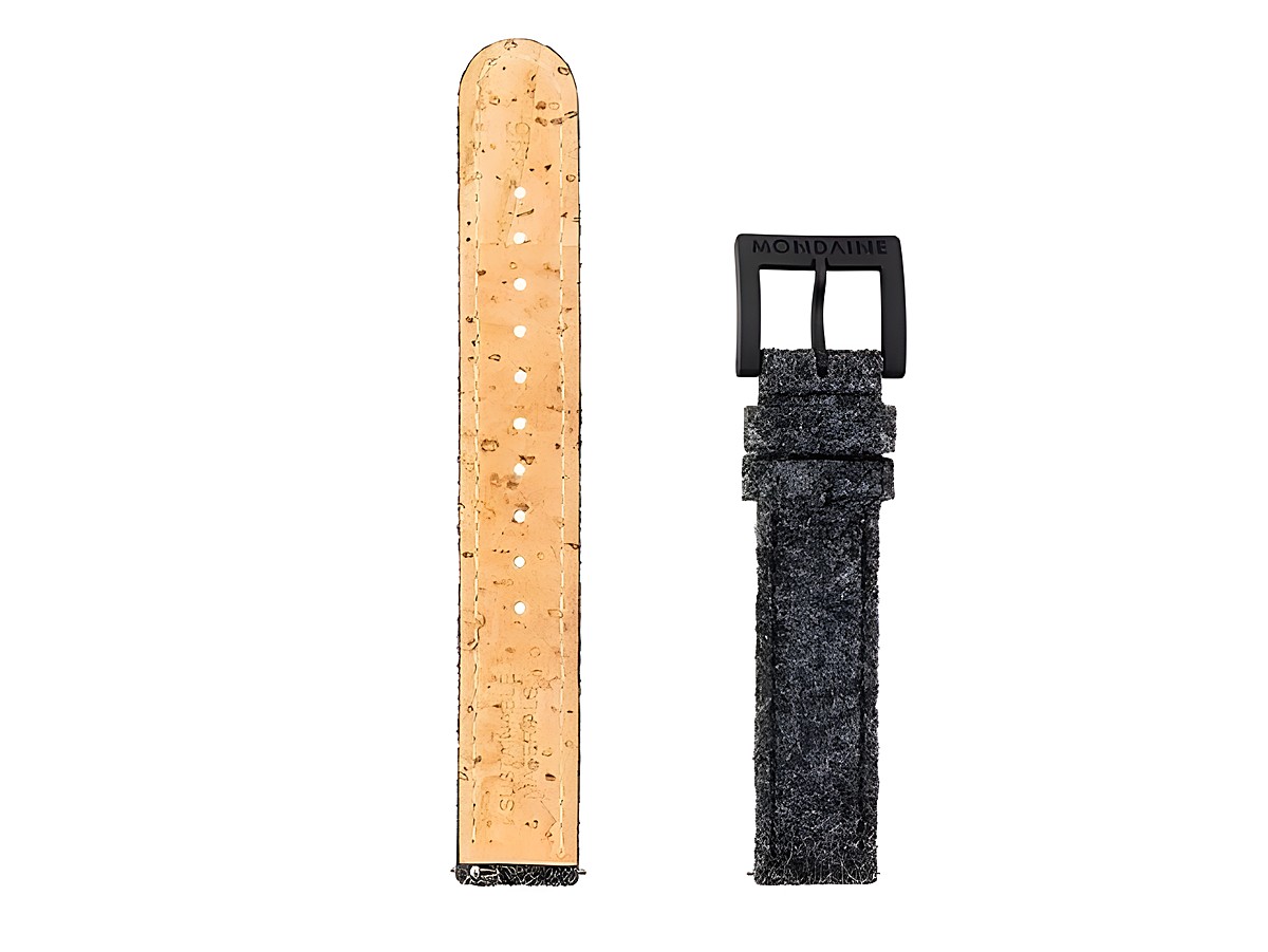Mondaine Uhren Korkarmband FTM.3116.80B.K in Grau, 16 mm breit. Das Armband ist aus Textil und Kork gefertigt und zeigt eine Kombination aus grauer Oberfläche und beige Korkrückseite.