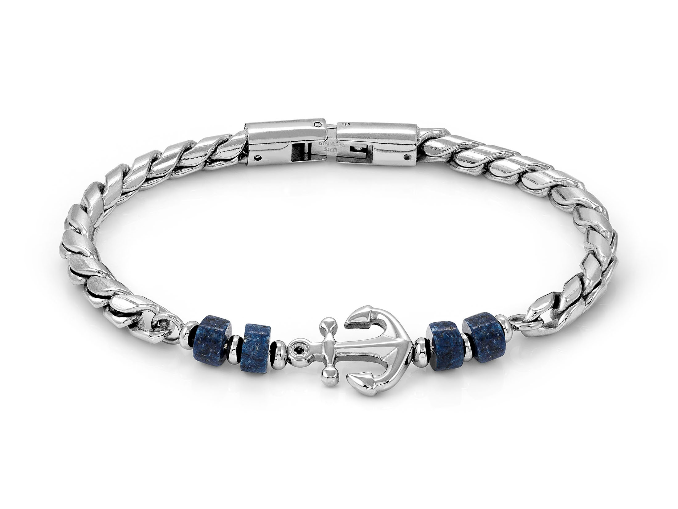 Armband von Nomination aus der Atlante Stones Edition, gefertigt aus Sodalith und Edelstahl, mit Anker-Motiv, verstellbar von 19 bis 23 cm, in neuem Zustand.