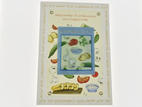 Geburtstagskarte mit befüllbarem Beutel, dekoriert mit verschiedenen Gemüsearten wie Knoblauch, Paprika und Zwiebeln, Hersteller Juwelier Harnisch, Aufdruck mit Glückwünschen.
