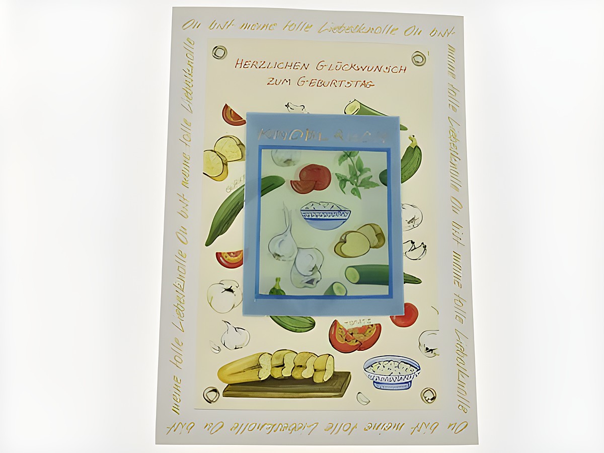 Geburtstagskarte mit befüllbarem Beutel, dekoriert mit verschiedenen Gemüsearten wie Knoblauch, Paprika und Zwiebeln, Hersteller Juwelier Harnisch, Aufdruck mit Glückwünschen.