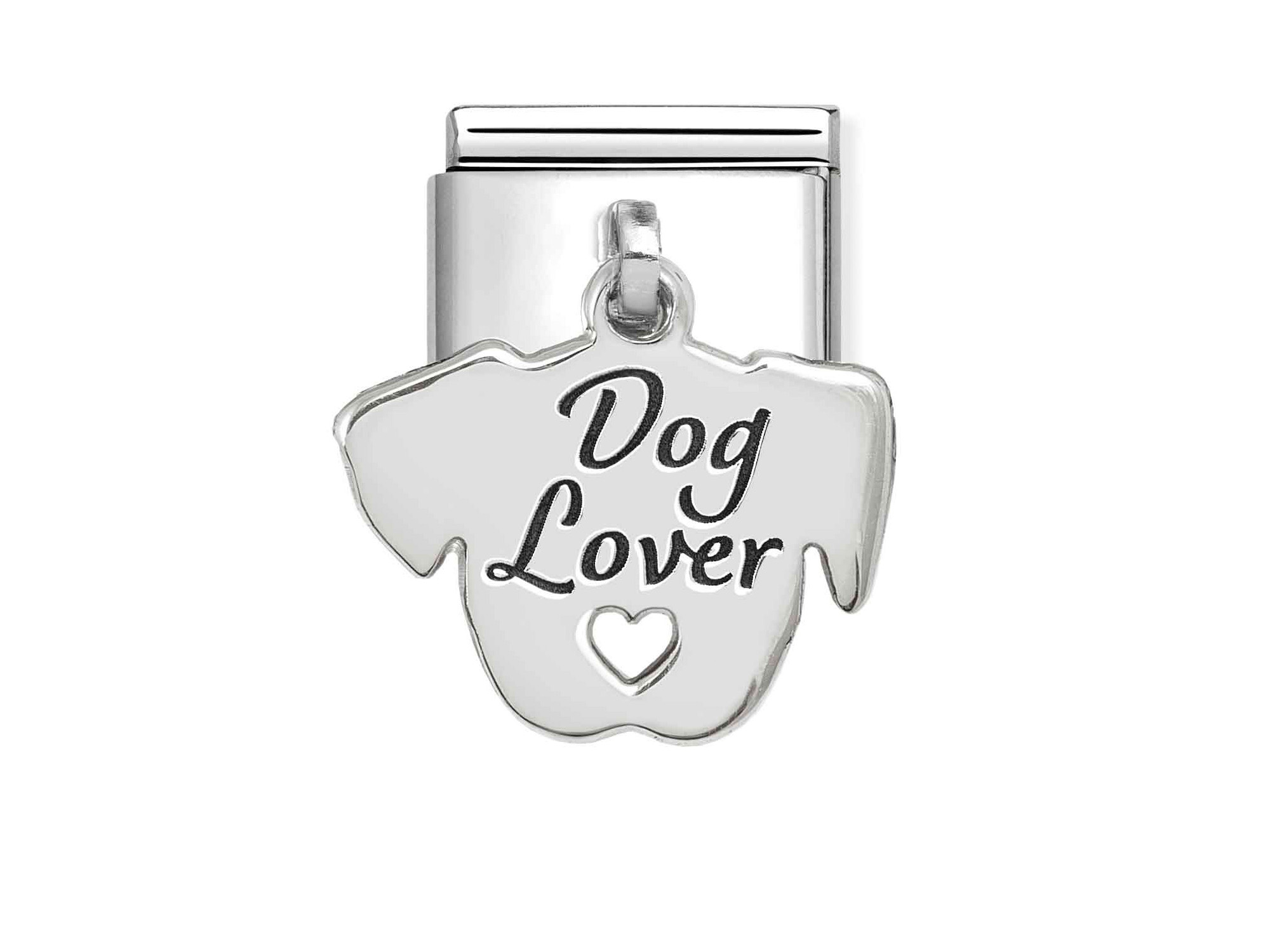 Ein klassisches Sterling Silber Charm in Form eines Hundekopfes mit der Aufschrift Dog Lover und einem kleinen Herzen, ideal für Tierliebhaber. Hersteller ist Pandora, Neuheiten.