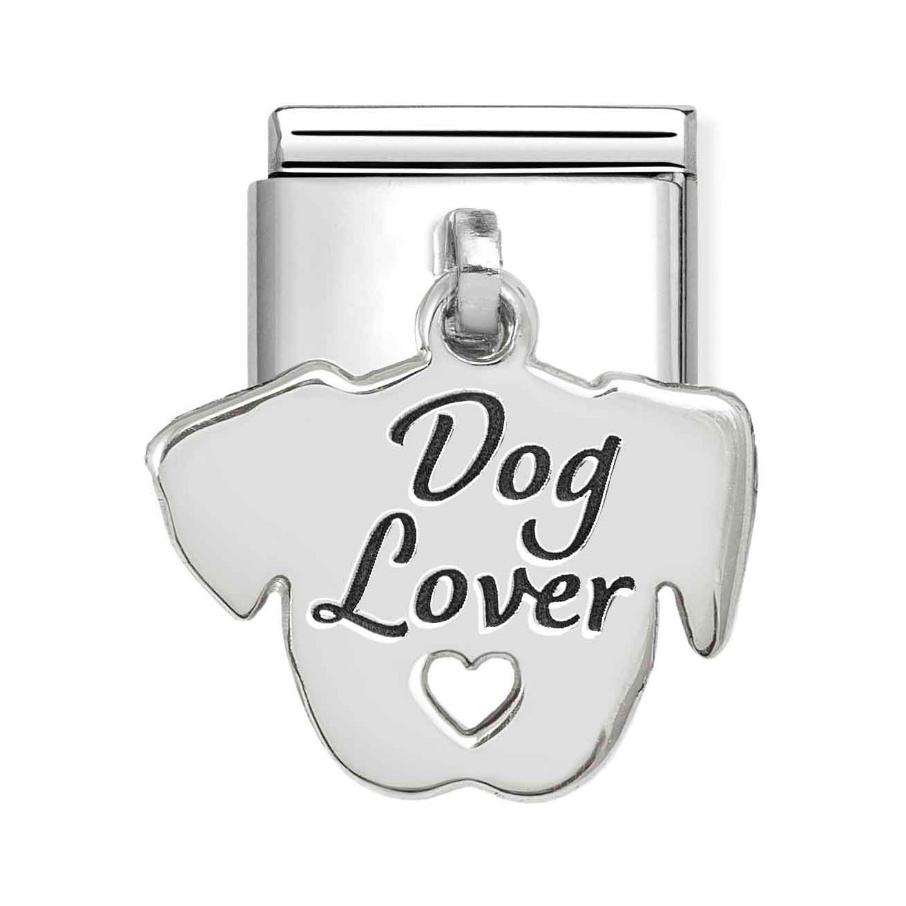 Ein klassisches Sterling Silber Charm in Form eines Hundekopfes mit der Aufschrift Dog Lover und einem kleinen Herzen, ideal für Tierliebhaber. Hersteller ist Pandora, Neuheiten.