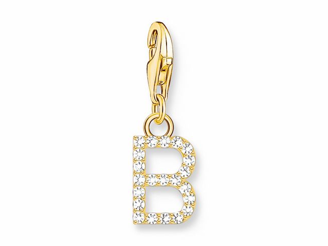 Funkelnder Buchstabe B Charm-Anhänger von Thomas Sabo aus Silber mit gelbgoldener Vergoldung und weißen Zirkonia-Steinen, ideal für individuellen Schmuck.
