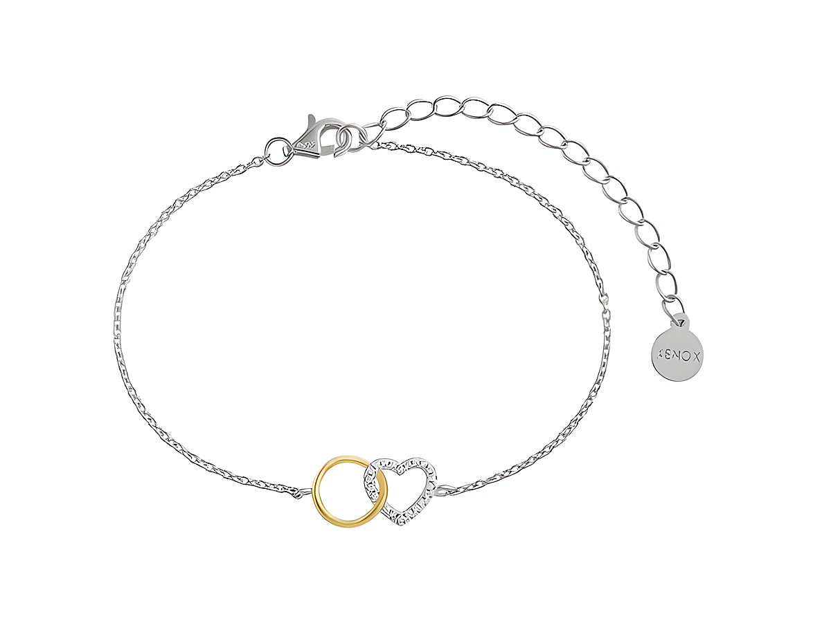 Xenox Sterling Silber Armband XS3612 mit einer Karreekette in den Größen 15 bis 20 cm, verziert mit einem Herz und einem goldfarbenen Ring. Elegant und romantisch.