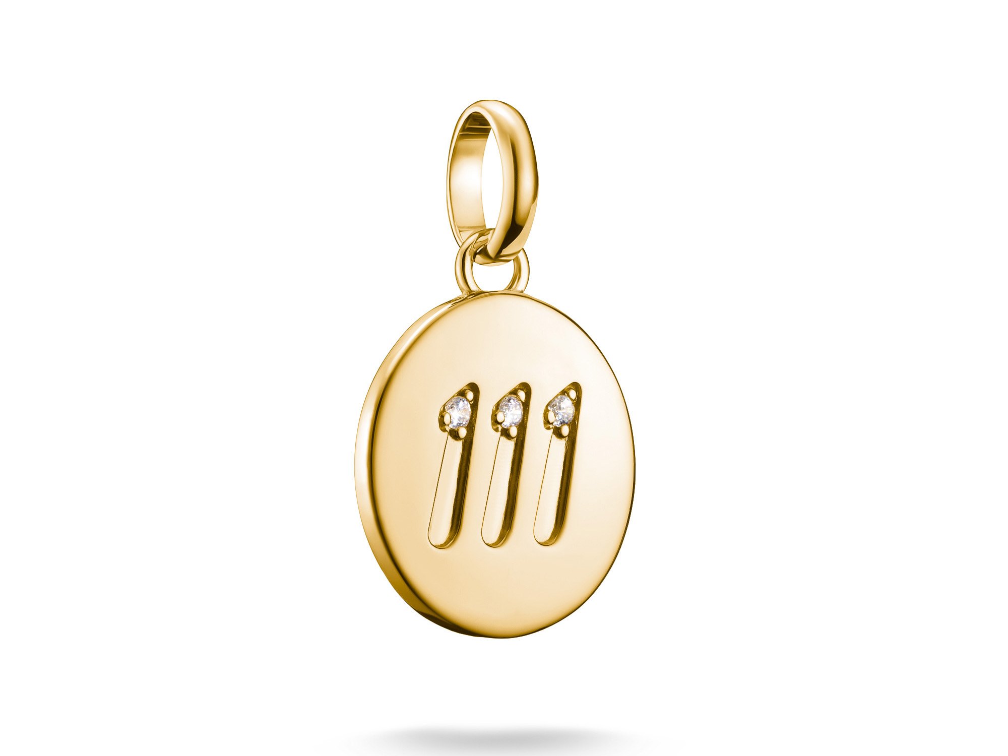 Charm mit der Engelzahl 111, aus Silber und vergoldet, dekoriert mit Zirkonia, Teil der Thomas Sabo Charm Club CONNECT Kollektion.
