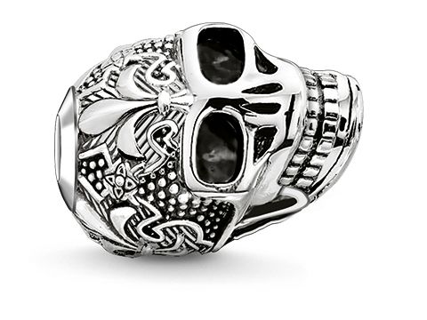 Silberner Karma Bead von Thomas Sabo, Totenkopf mit Lilie, detailreich ausgearbeitet, geschwärzt, ohne Stein, ideal für Schmuckliebhaber.