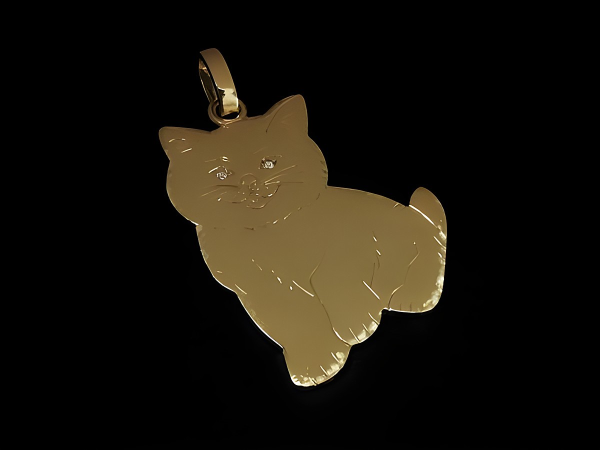 Katze Gold Anhänger massiv 585 Gold mit brillantierter Augen, handgefertigt vom Juwelier Harnisch, ideal für Tierliebhaber.
