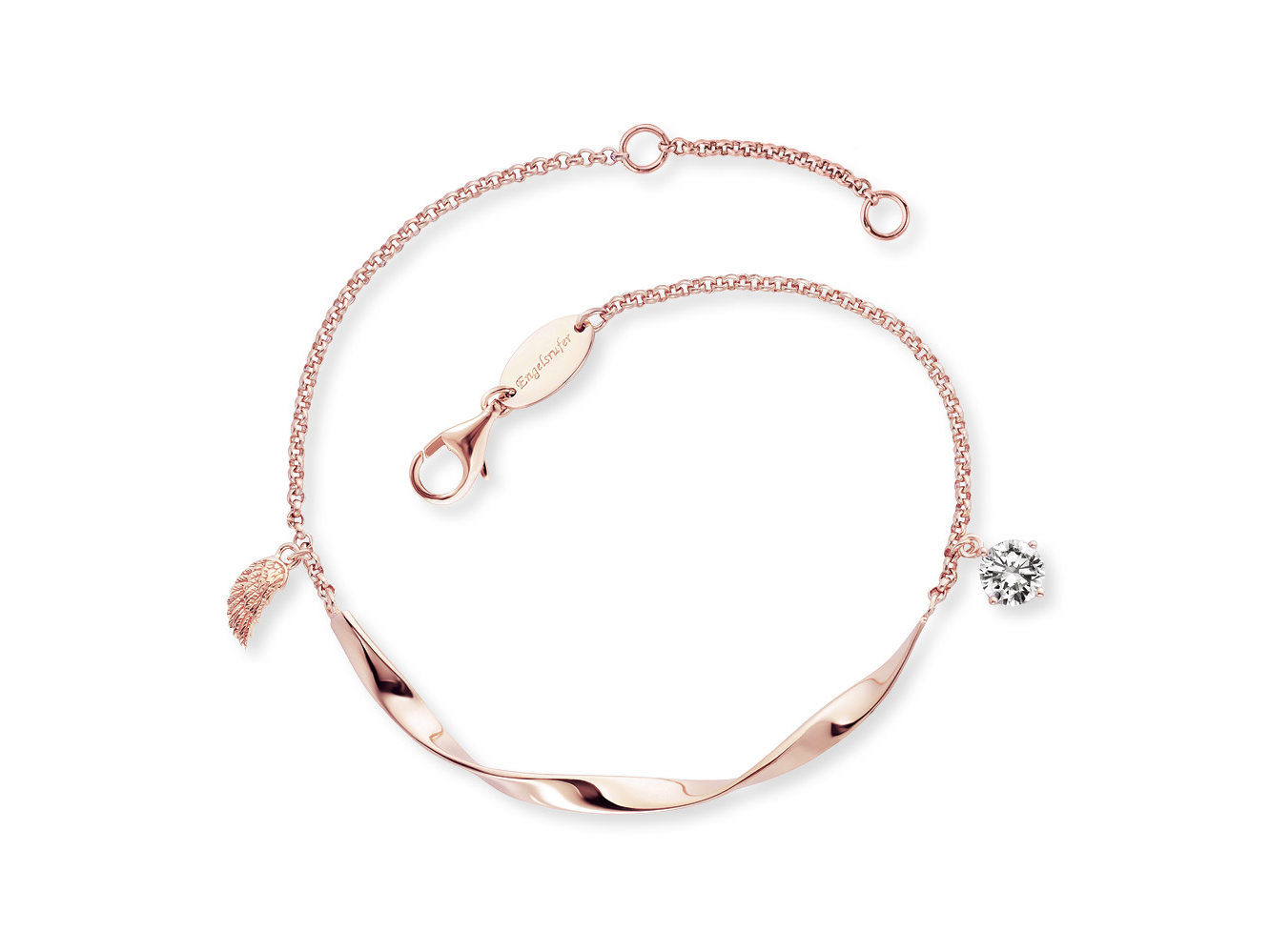Roségoldenes Armband mit Flügelanhänger und Zirkonia, elegantes Design, hergestellt von Engelsrufer, Länge 16,5 cm, ideal für einen stilvollen Look.