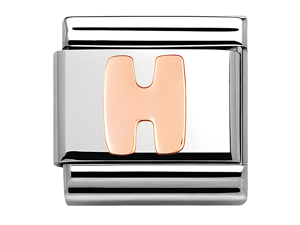Nomination 430105 08 Classic H Roségold Buchstabe Hersteller Nomination mit einem großen H in Roségold auf einem silbernen Hintergrund, perfekt für individuelle Armbänder.