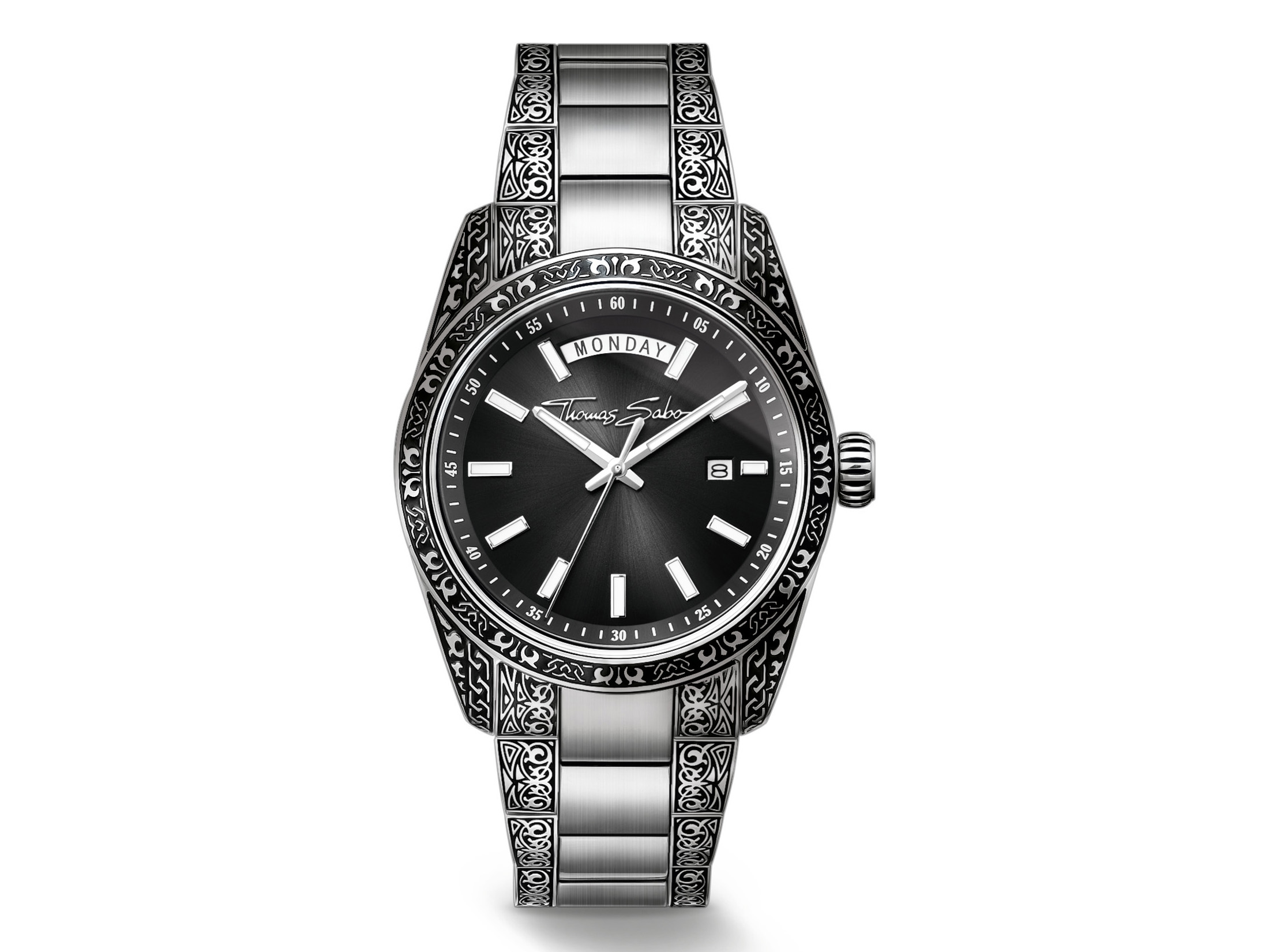 Thomas Sabo Uhr WA0438-201-203-40 mm - Rebel at Heart Revive mit schwarzem Ziffernblatt und silbernem Armband, elegantes Design, ideal für stilbewusste Träger. Hersteller: Pandora. Neuheiten.