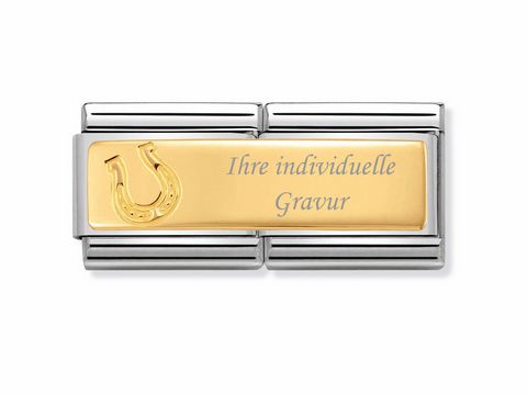 4030710141-0 Hufeisen aus Gold mit individueller Gravur auf einem zweireihigen Armbandglied von Nomination, Modell 030710 14, aus hochwertigem Edelstahl, elegant und personalisierbar.