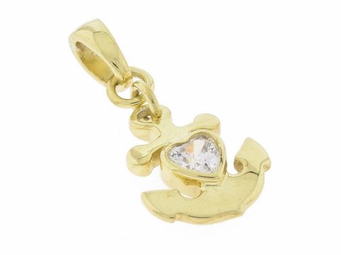 Silber Anhänger Glaube, Liebe, Hoffnung - vergoldet mit Zirkonia, Hersteller Juwelier Harnisch, zeigt einen zarten Anker mit einem herzförmigen Stein in der Mitte.