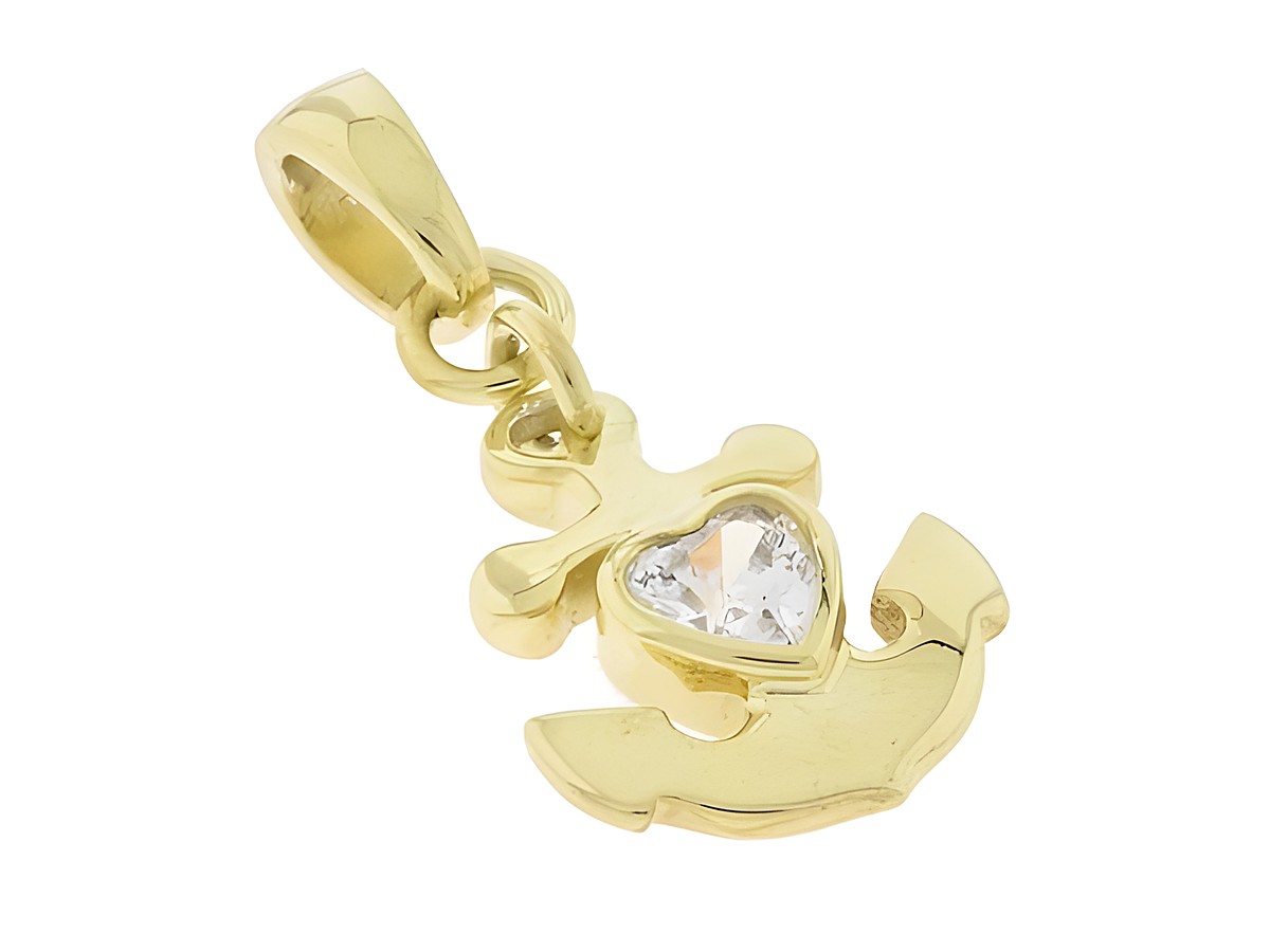 Silber Anhänger Glaube, Liebe, Hoffnung - vergoldet mit Zirkonia, Hersteller Juwelier Harnisch, zeigt einen zarten Anker mit einem herzförmigen Stein in der Mitte.