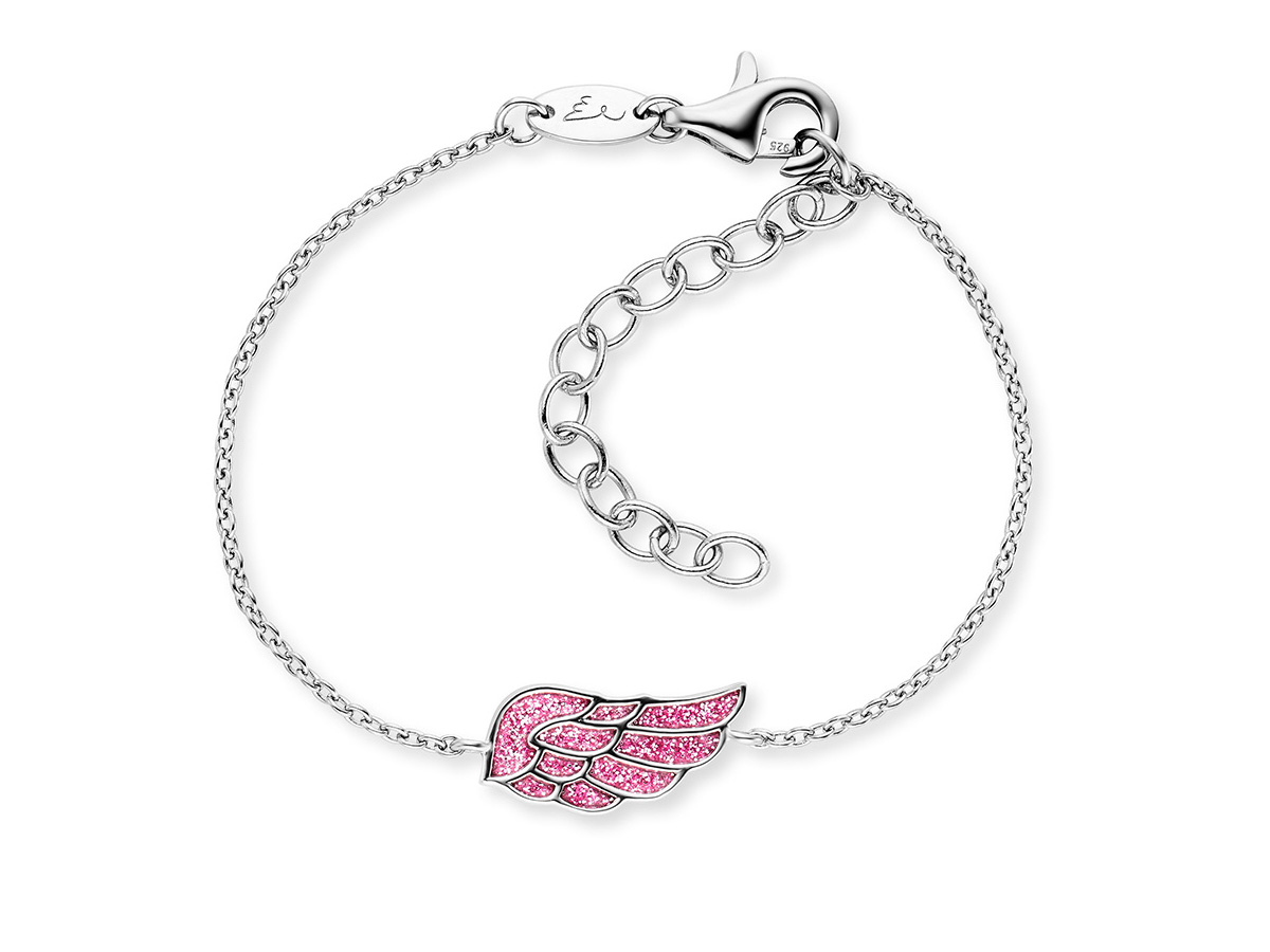 Ein zartes Armband von Herzengel mit einem funkelnden pinken Flügel aus Glitzer und Emaille. Der elegante Silberanhänger ergänzt die feine Kette, die in der Länge verstellbar ist.
