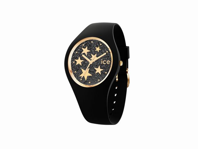 Die Ice Watch Ice Glam Rock in Schwarz mit goldenen Sternen auf dem Ziffernblatt verbindet elegantes Design mit einem sportlichen Look und ist ideal für modebewusste Träger.