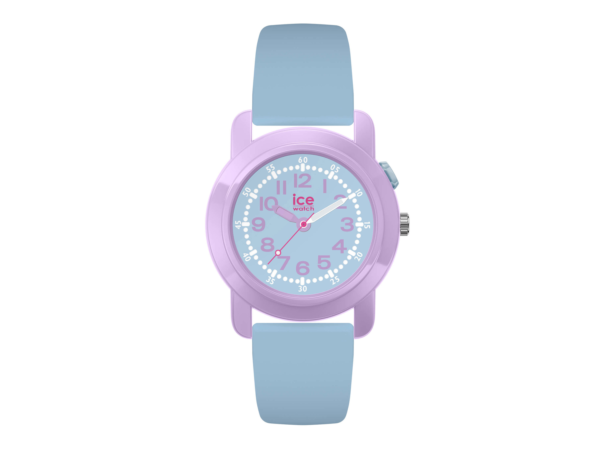 Lila hellblaue Ice Watch 024915 ICE find me tracking mit einem runden Ziffernblatt und pinken Akzenten, eleganter Silikonarmband in sanften Farben, ideal für modische Auftritte.