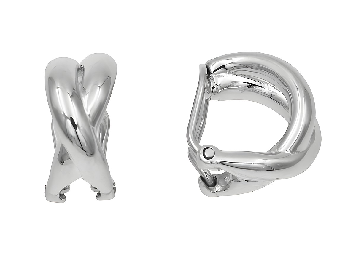 Elegante Ohrclips in Wellenform aus poliertem rhodiniertem Sterling Silber, hergestellt von Juwelier Harnisch, ideal für verschiedene Anlässe.