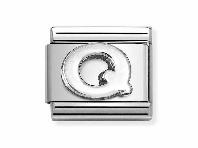 Edelstahl Buchstabe Q in Silber oxidiert, umgeben von zwei schmalen, horizontale Linien, elegant und modern für Schmuckdesigner von Nomination. Ideal für personalisierte Armbänder.
