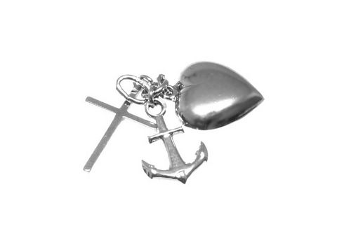 Silber Anhänger rhodiniert mit Symbolen für Liebe, Glaube und Hoffnung, bestehend aus einem Herzen, einem Kreuz und einem Anker, Hersteller Juwelier Harnisch, Größe 2 cm, Glücksbringer.
