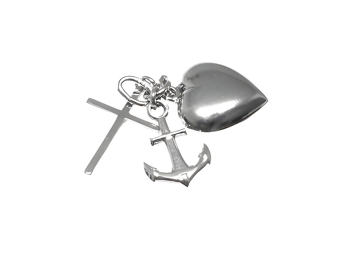 Silber Anhänger rhodiniert mit Symbolen für Liebe, Glaube und Hoffnung, bestehend aus einem Herzen, einem Kreuz und einem Anker, Hersteller Juwelier Harnisch, Größe 2 cm, Glücksbringer.
