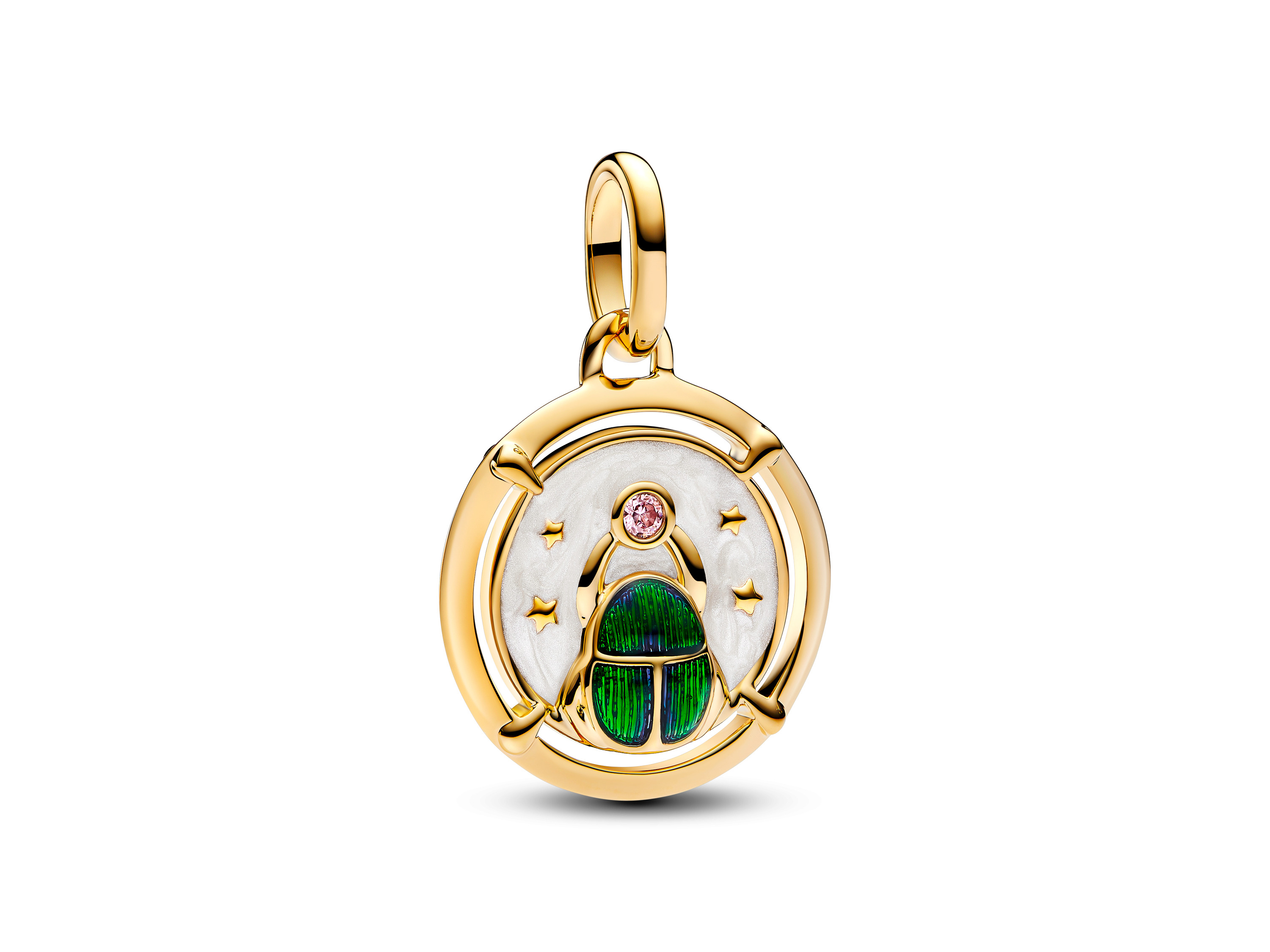 Pandora Me 763413C01 Skarabäus Käfer Charm - Gelbgold vergoldet - Zirkonia - Emaille Der charmante Skarabäus Käfer aus gelbgold vergoldetem Metall mit Zirkonia und Emaille zeigt einen eleganten Käfer vor einem schimmernden Hintergrund mit Sternen.
