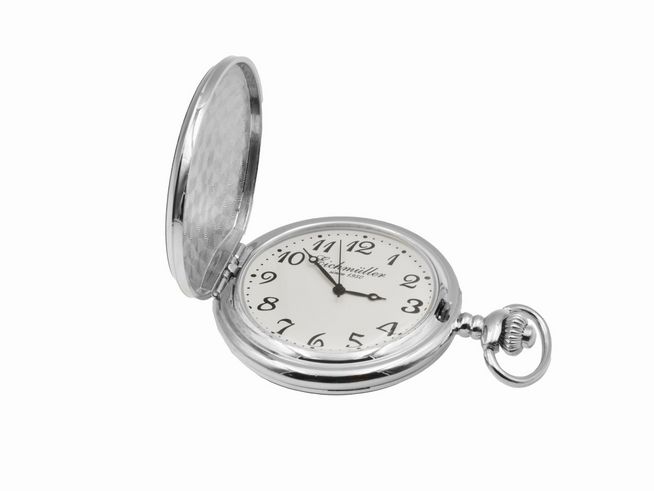 Eichmüller Taschenuhr aus Edelstahl mit Deckel, teilmattiert, Mineralglas, Durchmesser 6,5 cm, Zifferblatt mit arabischen Zahlen, Hersteller: Juwelier Harnisch.