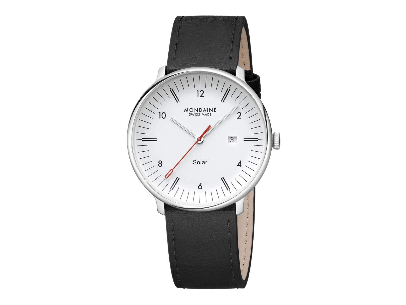 Mondaine Uhr MLE.41910.LBV Doppio Big Solar schwarz 41 mm mit einem weißen Zifferblatt, rotem Sekundenzeiger und schwarzem Lederarmband, ideal für einen zeitlosen Stil.