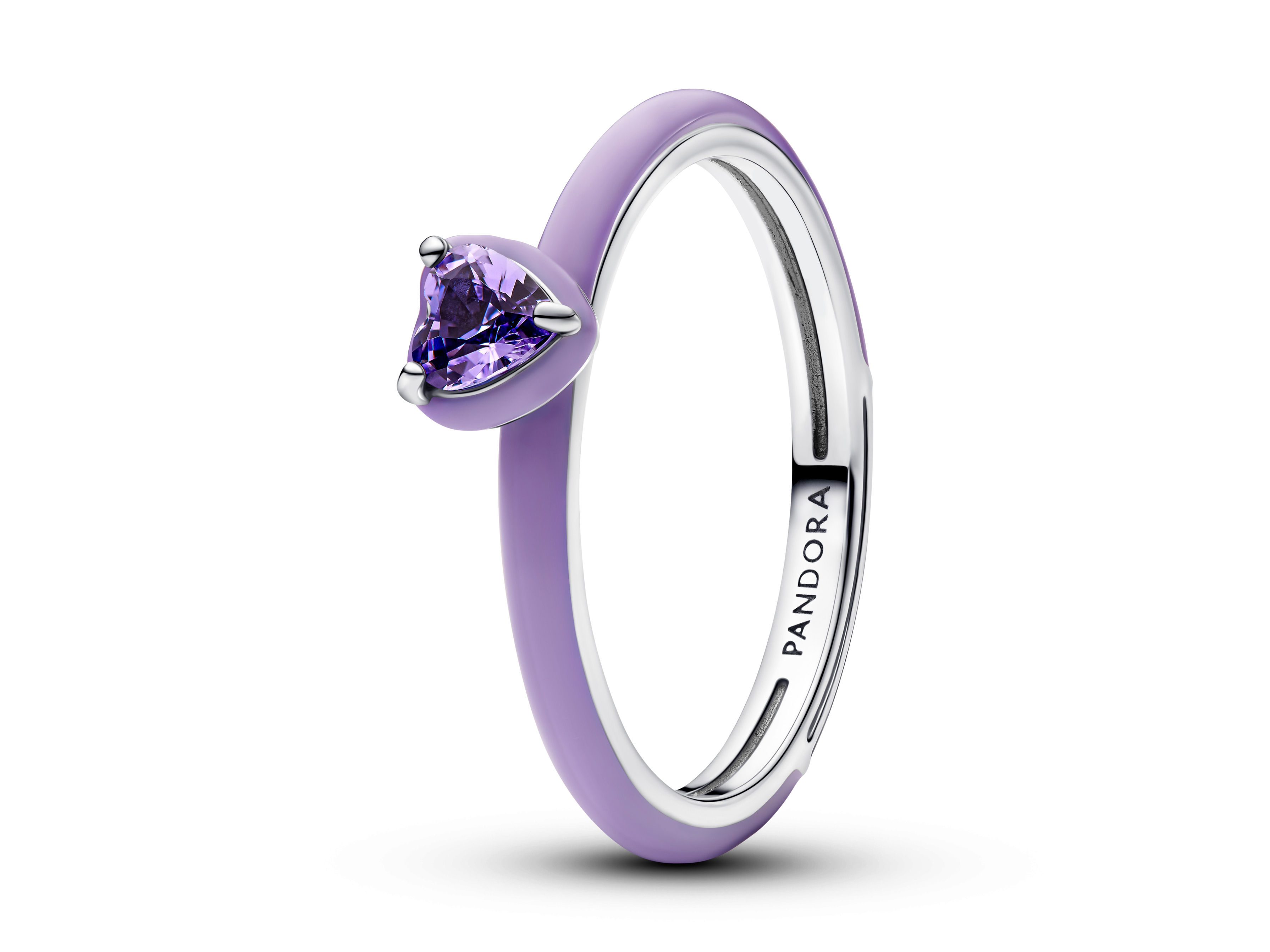 Violetter Chakra Herz Ring von Pandora aus Silber mit Emaille und Kristall in lila, elegante Form, Größe 44, geschmackvolles Design für jeden Anlass, neu und ansprechend.