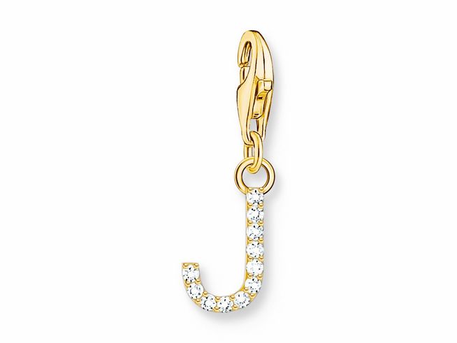 Thomas Sabo Charm-Anhänger in Form des Buchstabens J, aus Silber mit Vergoldung und funkelndem Zirkonia in Weiß, perfekt zum Sammeln oder Verschenken.