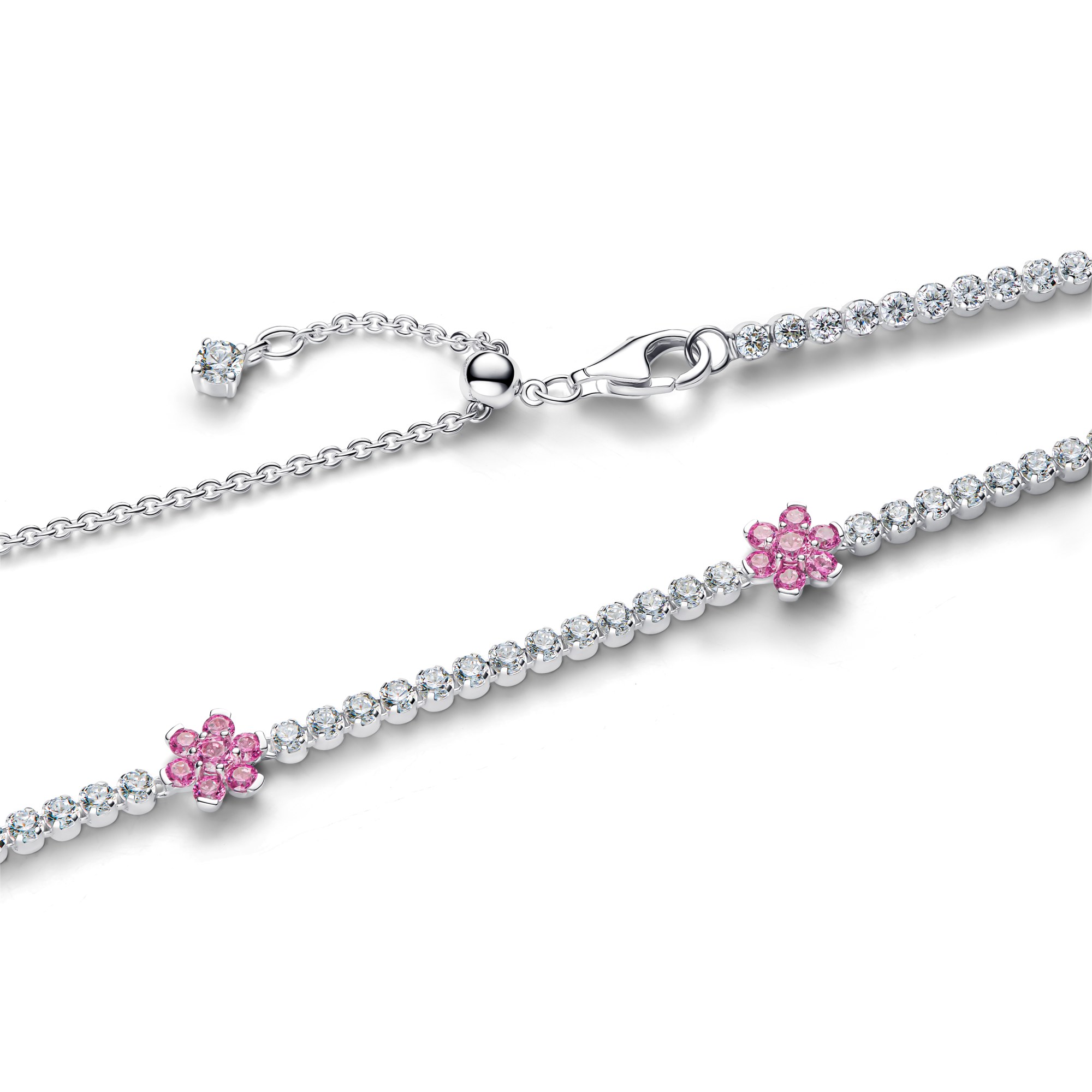 Pandora Rosafarbene Blume Tennishalskette - Sterling Silber - Zirkonia Pink - 40 cm – Ansicht 2