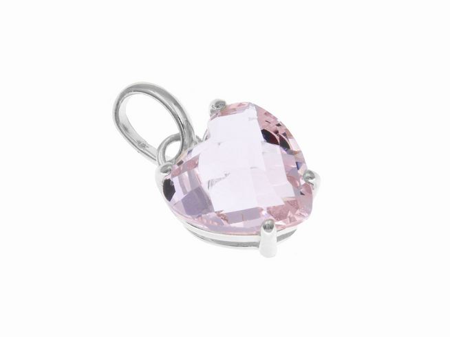 Herzförmiger Anhänger aus rosa Glas in rhodiniertem Sterling Silber, hergestellt von Juwelier Harnisch, verziert mit Perlen und Steinen. Ideal für eleganten Schmuck.