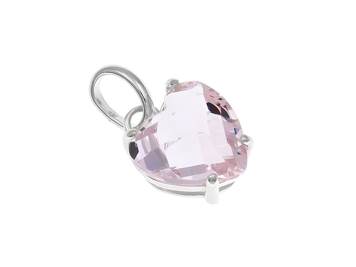 Herzförmiger Anhänger aus rosa Glas in rhodiniertem Sterling Silber, hergestellt von Juwelier Harnisch, verziert mit Perlen und Steinen. Ideal für eleganten Schmuck.