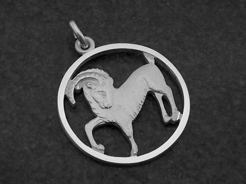 Silber Anhänger rund mit dem Sternzeichen Steinbock, hergestellt von Juwelier Harnisch, detailreiche Darstellung des Steinbocks in einem kreisförmigen Rahmen.